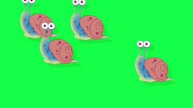 Pembe kabuklu dört sevimli çizgi film salyangozu ve kocaman şaşı gözlü canlı yeşil bir ekranda yavaşça sürünüyor. Çeşitli proje ve videolara ilginç ve canlandırmalı bir öge eklemek için mükemmel.