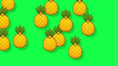Enfes bir animasyon, parlak sarı çizgi film ananaslarının canlı yeşil ekran arka planında düşüşünü ve hareketini gösteriyor. Eğlence, tropikal ve yaz temalı video projeleri için ideal.