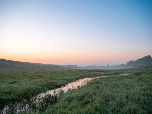 Sabah puslu manzarada bir çayır dere
