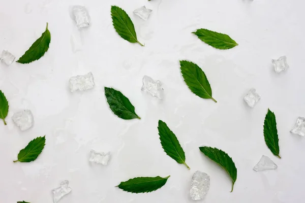 Background of fresh mint leaves and ice. Flat lay, top view. — Stock Photo, Image