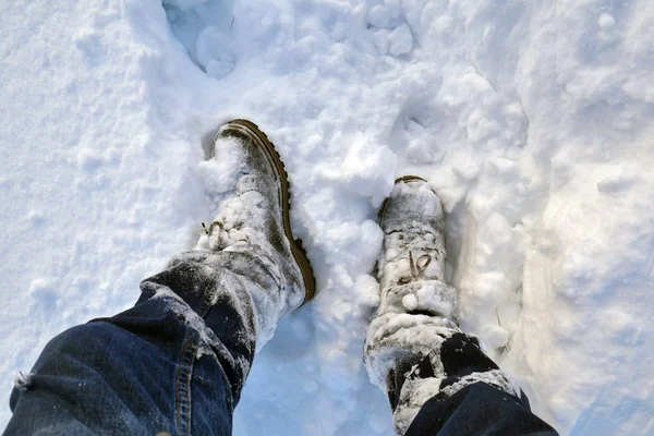 Winter Boots in the Snow, closeup of winter shoes