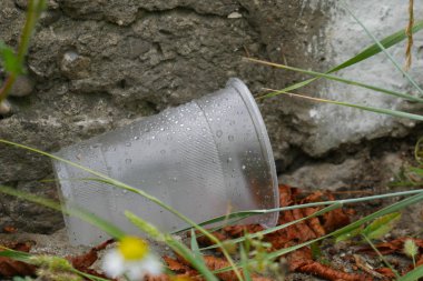 Boş kullanılmış plastik bardak. Çevre kirliliği