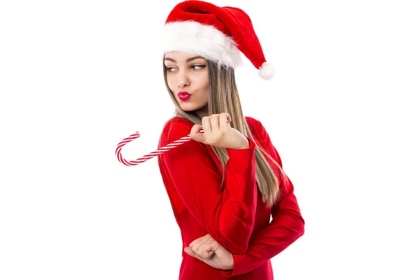 Belle Jeune Femme Avec Chapeau Père Noël Tenant Une Canne — Photo