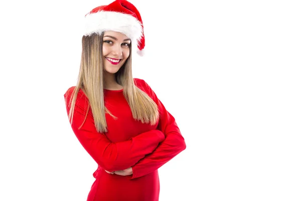 Porträt Einer Schönen Frau Mit Weihnachtsmütze Über Weißem Hintergrund — Stockfoto
