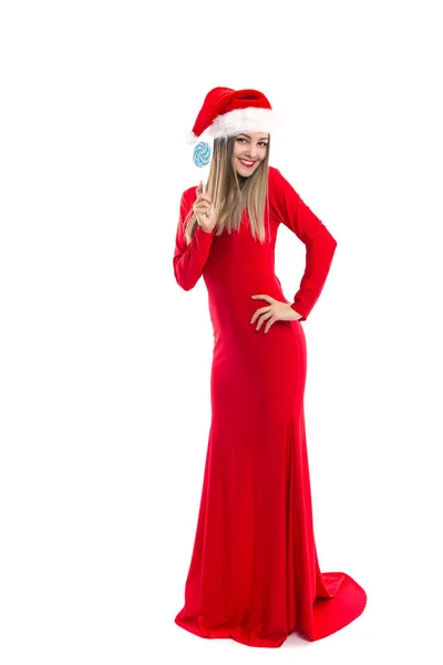 Ganzkörperporträt Eines Schönen Mädchens Langem Rotem Kleid Mit Weihnachtsmütze Das — Stockfoto