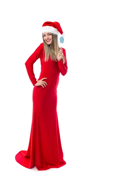 Retrato Longitud Completa Hermosa Chica Vestido Largo Rojo Con Sombrero — Foto de Stock