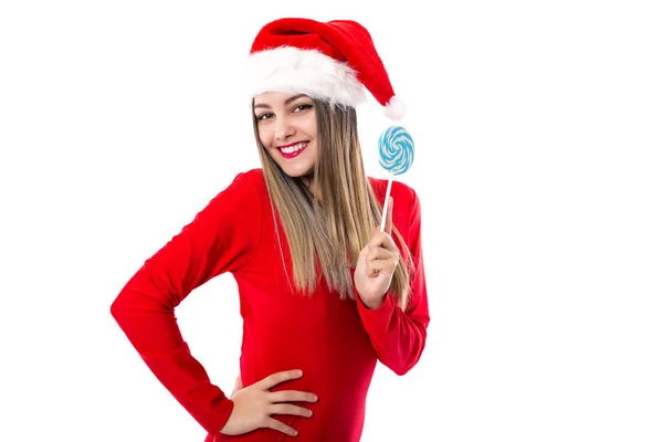 Retrato Close Menina Bonita Vermelho Com Chapéu Papai Noel Segurando — Fotografia de Stock