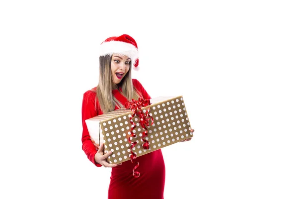 Mujer Joven Emocionada Sosteniendo Gran Regalo Sobre Blanco Tiempo Navidad — Foto de Stock