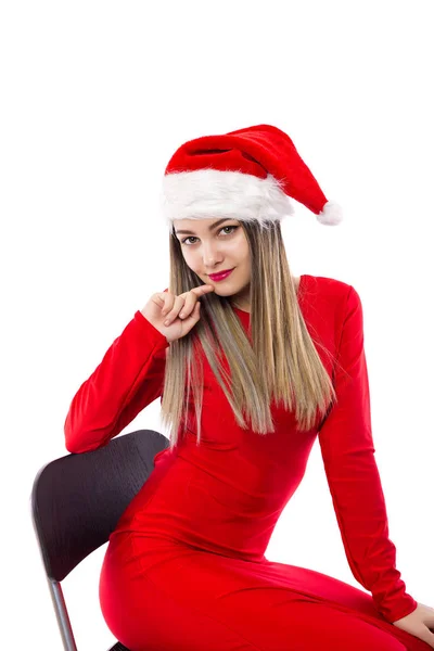 Retrato Cerca Una Hermosa Chica Rojo Con Santa Posando Sobre — Foto de Stock