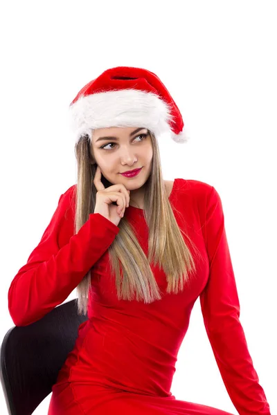 Nahaufnahme Porträt Der Schönen Mädchen Rot Mit Weihnachtsmann Posiert Über — Stockfoto
