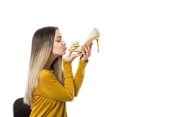 Pretty Young Woman Kissing High Heel Shoe White Background — Stock Photo, Image