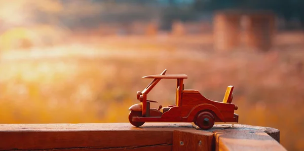 Three Wheel Taxi Wooden Toy Garden Morning Sunlight Tuk Tuk — Stock Photo, Image