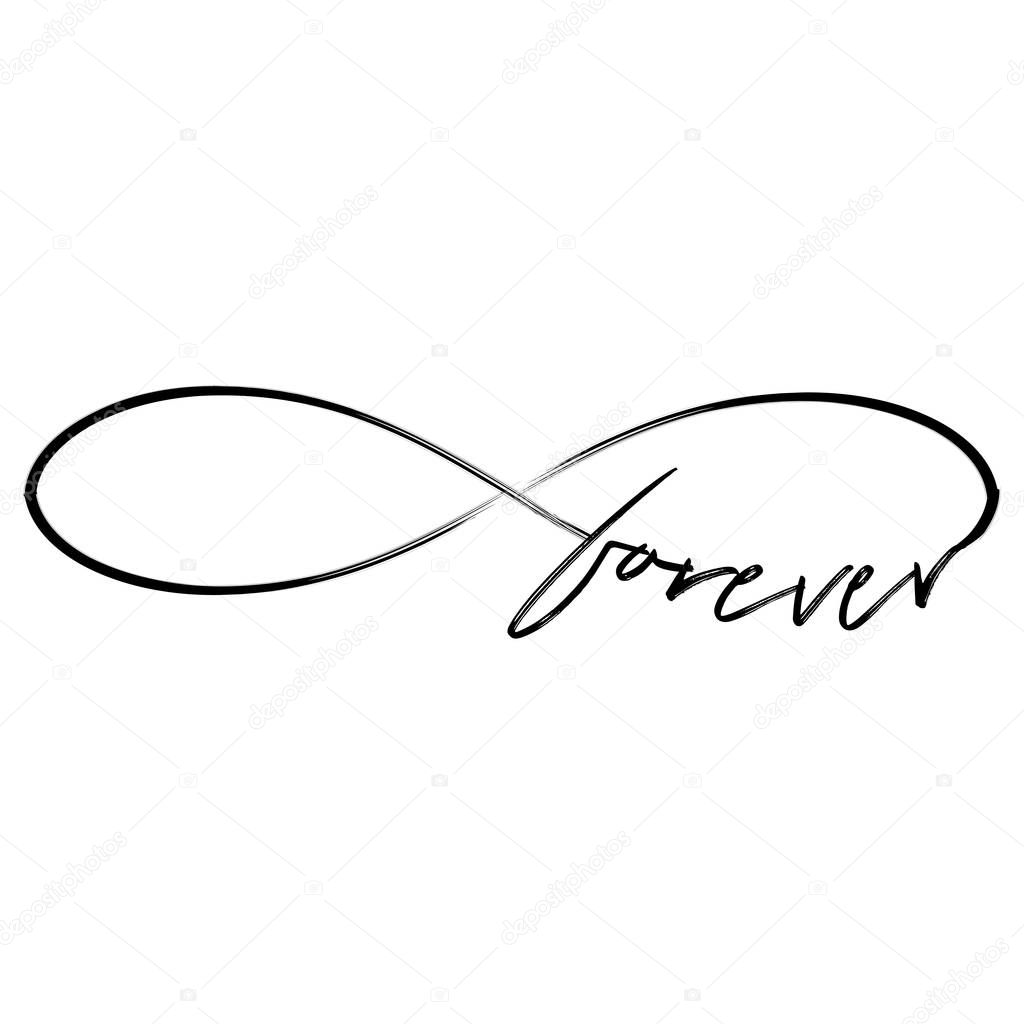 'forever' in infinity shape - lovely lettering calligraphy quote. Handwritten  tattoo, ink design or greeting card. Modern vector art.