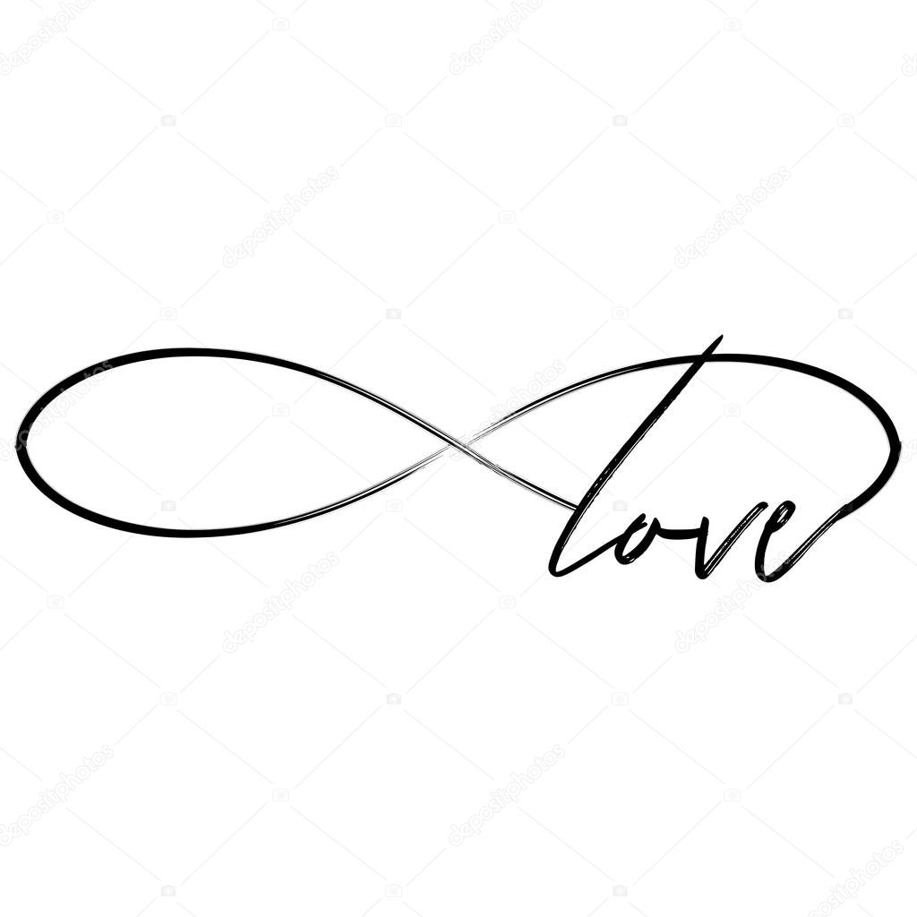 'love' in infinity shape - lovely lettering calligraphy quote. Handwritten  tattoo, ink design or greeting card. Modern vector art.