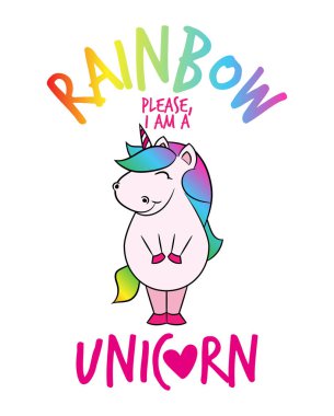 Gökkuşağı bir tek boynuzlu at yım ' komik vektör metin tırnak ve çizim tek boynuzlu at. Poster veya t-shirt Tekstil grafik tasarım yazı. / Sevimli şişman kız at karakter illüstrasyon izole arka plan üzerinde.