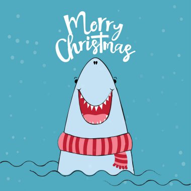 Neşeli Noel - komik vektör tırnak ve çizim köpekbalığı. Elle çizilmiş Xmas tebrik kartları için yazı. Poster veya t-shirt Tekstil grafik tasarım yazı. / Şirin köpekbalığı karakter çizimi.