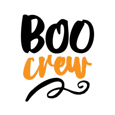 Boo etiket tasarım yazı Crew - Cadılar Bayramı bindirmeleri,. Retro rozeti. El alıntı ile çizilmiş izole amblemi. Cadılar Bayramı partisi işaret ya da logo. rezervasyon, posterler, tebrik kartları, afiş, tekstil hurda.