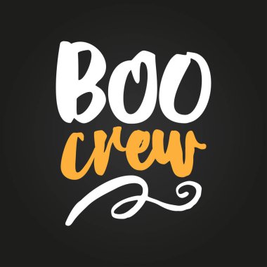 Boo etiket tasarım yazı Crew - Cadılar Bayramı bindirmeleri,. Retro rozeti. El alıntı ile çizilmiş izole amblemi. Cadılar Bayramı partisi işaret ya da logo. rezervasyon, posterler, tebrik kartları, afiş, tekstil hurda.