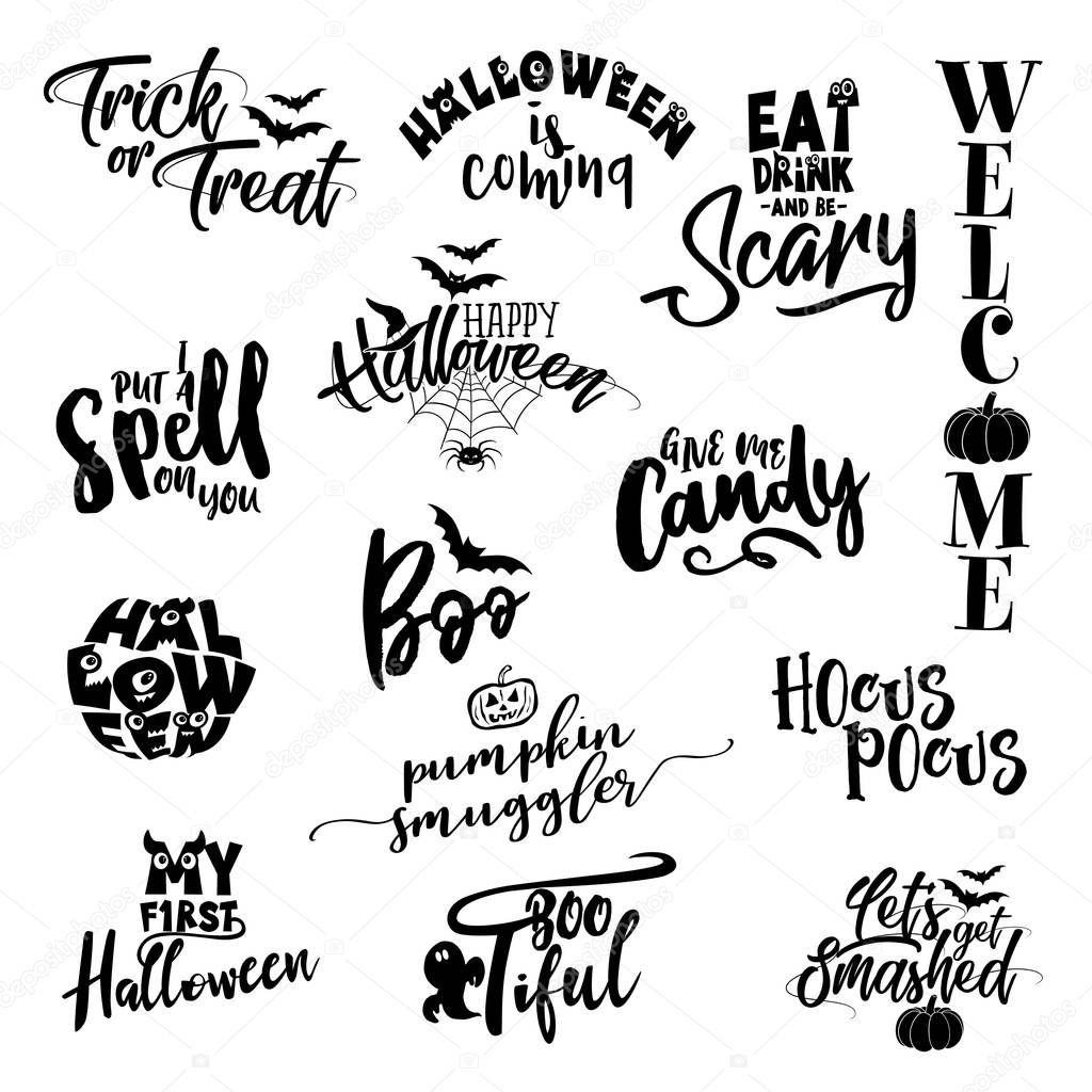 Happy Halloween overlays, lettering labels design set. Retro badges. Hand drawn isolated emblem with quote. Halloween party sign or logo. scrap booking, posters, greeting cards, banners, textiles.