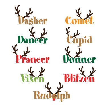Santa's Reindeer names - Calligraphy phrase for Christmas. Hand drawn lettering for Xmas greetings cards, invitations. Good for t-shirt, mug, scrap booking, gift, printing press. Holiday quotes. clipart