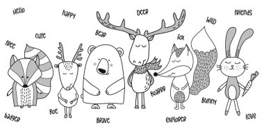 Sevimli ayı, porsuk, tilki, karaca, tavşan - Vektör el posterler, kartlar, t-shirt için doodle karakter çizimler çizilmiş. 