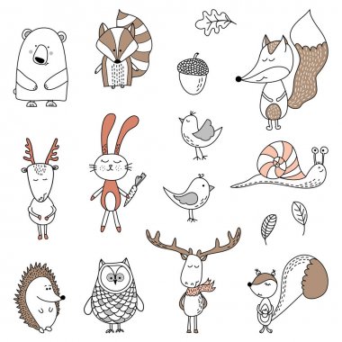 Sevimli ayı, porsuk, tilki, meşe palamudu, fındık, yapraklar, karaca, tavşan, kuşlar, salyangoz, kirpi, baykuş, sincap - Vektör el posterler, kartlar, t-shirt için doodle karakter çizimler çizilmiş. 