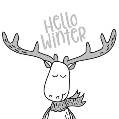 Merhaba kış - Sevimli geyik tasarımı- komik el çizilmiş doodle, çizgi film karakteri. Boyama kitabı, poster veya t-shirt tekstil grafik tasarım için iyi. Vektör el çizimillüstrasyon.