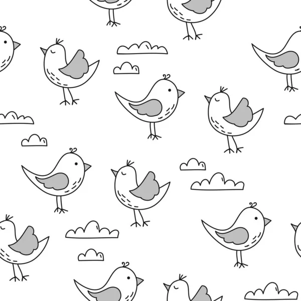 Diseño Encantador Patrón Aves Con Nubes Divertido Garabato Dibujado Mano — Vector de stock