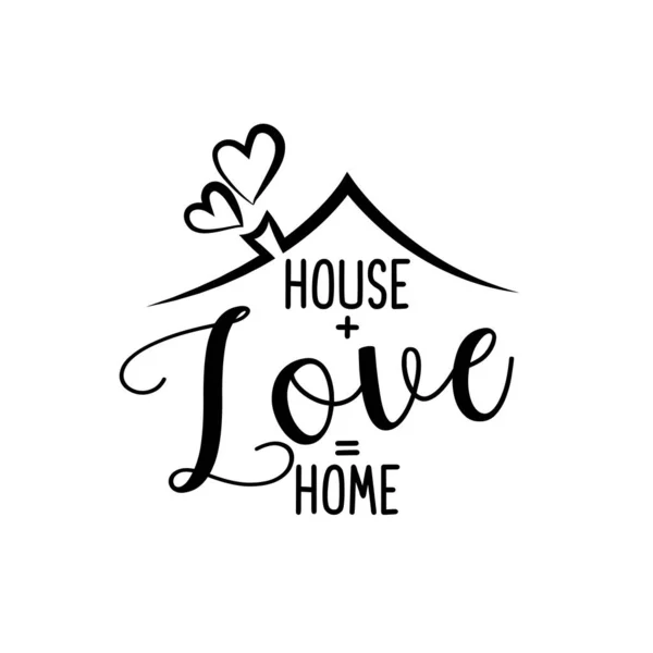 房子加爱 排版海报 手工文字打印 矢量复古插图与房子罩和可爱的心脏和香烟囱 — 图库矢量图片