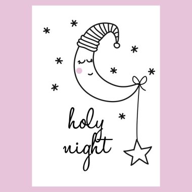 kutsal gece - komik el çizilmiş doodle, karikatür ay karakteri. Önceden yapılmış kart tasarımı. Çocuk kitabı, poster, duvar veya t-shirt tekstil grafik tasarım için iyi. Vektör el çizimillüstrasyon.