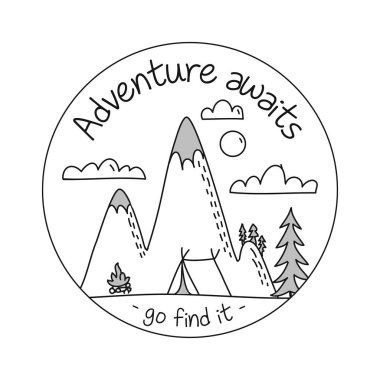 Adventure awaits go find it - Lettering inspiring typography poster with text, clous and mountains. Hand letter script motivation sign catch word art design. Vintage style monochrome illustration. clipart