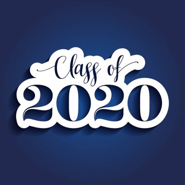 Sınıf 2020 Tebrikler Mezun - Tipografi. beyaz etiket ve izole koyu mavi arka plan.