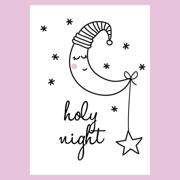 Holy Night Funny Hand Drawn Doodle Cartoon Moon Character Pre — Stock Vector