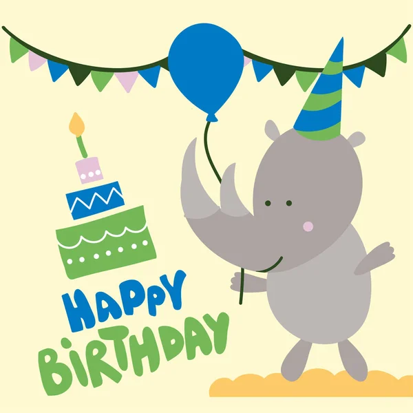 Rhinozeros Geburtstagsparty Print Design Mit Text Lustige Handgezeichnete Doodle Cartoon — Stockvektor