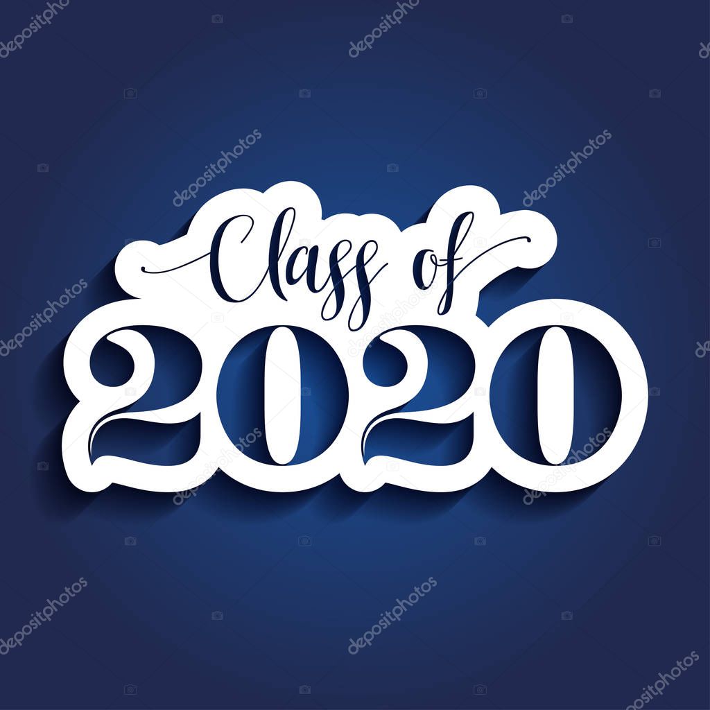 Class of 2020 Congratulations Graduate - Typography. white sticker and isolated dark blue background.