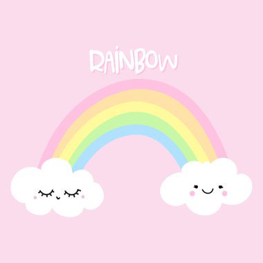 Gökkuşağı iki sevimli bulutlar ile - sevimli gökkuşağı dekorasyon. Küçük gökkuşağı ve bulutlar, sevimli karakterler seti, kreş için posterler, tebrik kartları, çocuklar ve bebek giysileri. Yalıtılmış vektör.