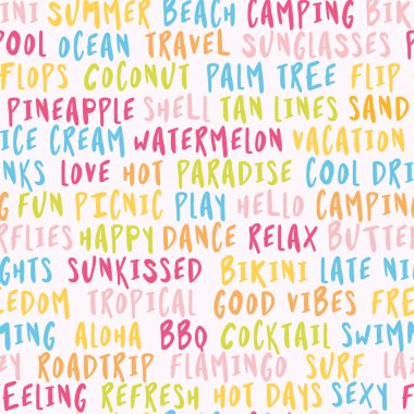 Dikişsiz yaz metin deseni pastel renkler. elle çizilmiş kelimelerle komik çizim. Yazı afişveya t-shirt tekstil grafik tasarım 