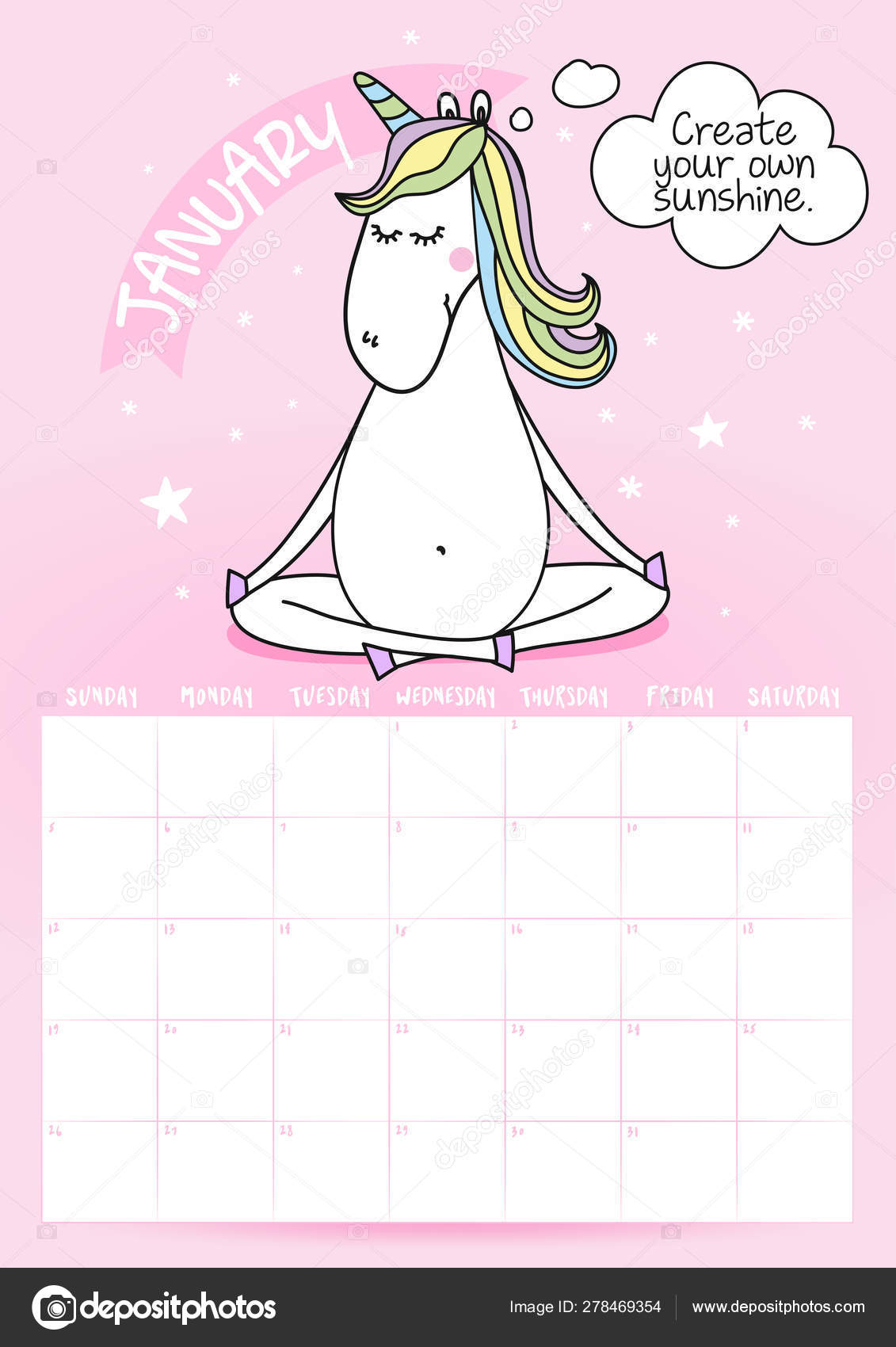 2020 January Calendar Calligraphy Phrase Unicorn Doodle Create