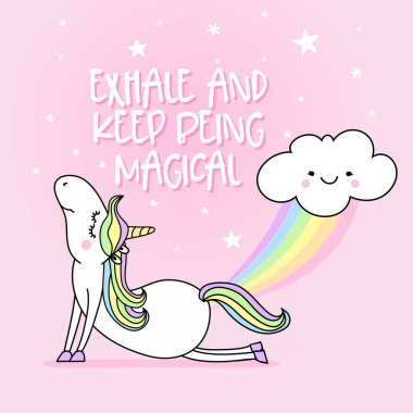 Nefes almak ve büyülü-komik vektör tırnak ve Unicorn çizim tutmak. Afiş veya t-shirt Tekstil grafik tasarım yazı. /İzole pembe arka planda sevimli Unicorn karakter illüstrasyon.