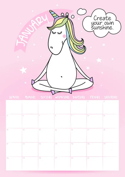 Calendrier Janvier 2020 Avec Calligraphie Gribouillage Licorne Créez Votre Propre — Image vectorielle