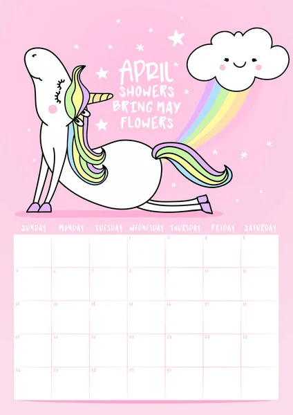 2020 April Calendar Calligraphy Phrase Unicorn Doodle April Showers Bring — Stock Vector