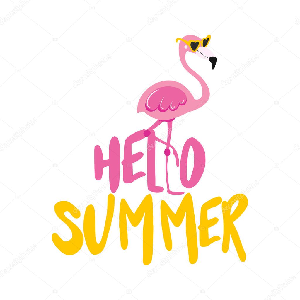 hello summer - Motivational quotes. Hand painted brush lettering with flamingo. Good for t-shirt, posters, textiles, gifts, travel sets.