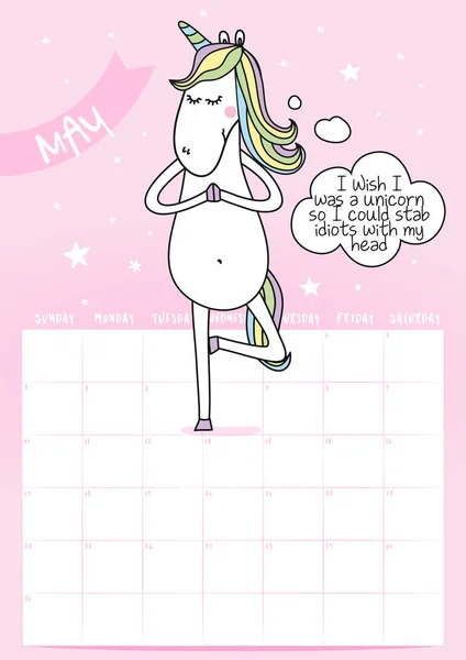 2020 May Calendar Calligraphy Phrase Unicorn Doodle Wish Unicorn Could — Stock Vector