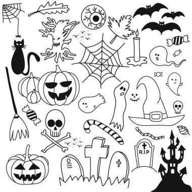Cadılar Bayramı bindirmeleri, doodle tasarım seti. Retro rozetleri. Karakter ile el çizilmiş izole amblem. Halloween parti işareti veya logo. hurda rezervasyon, poster, tebrik kartları, afiş, tekstil.