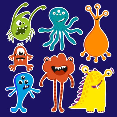 Canavar karakterler ile küçük canavar set-baskı tasarım-komik el çizilmiş doodle, karikatür yeti. Poster veya t-shirt Tekstil grafik tasarımı için iyi. Vektör el çizilmiş çizim.