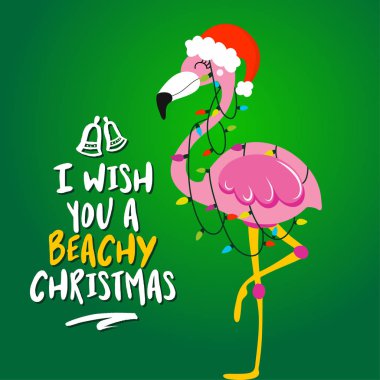 Sana bir beachy Noel diliyorum - Sevimli flamingo kız ile Noel için hat sanatı ifade. Xmas tebrik kartları, davetiyeler için elle çizilmiş harfler. T-shirt, kupa, hurda rezervasyon, hediye için iyi.