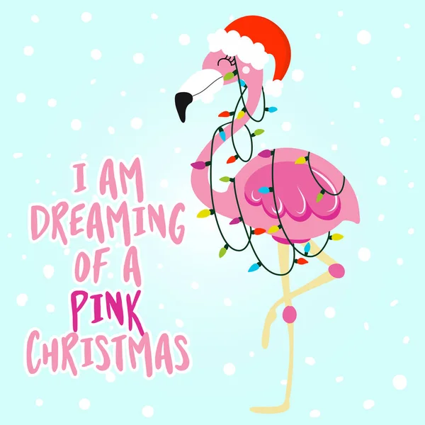 Ben pembe bir noel hayal ediyorum - Sevimli flamingo kız ile Noel için hat sanatı ifade. Xmas tebrik kartları, davetiyeler için elle çizilmiş harfler. T-shirt, kupa, hurda rezervasyon, hediye için iyi.