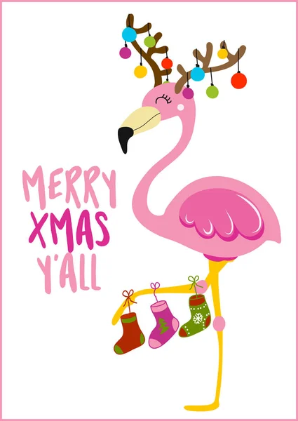 Merry Xmas Y'all - Sevimli flamingo kız ile Noel için hat ifade. Xmas tebrik kartları, davetiyeler için elle çizilmiş harfler. T-shirt, kupa, hurda rezervasyon, hediye için iyi.