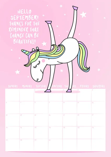 2020 September Calendar Calligraphy Phrase Unicorn Doodle Hello September Thanks — Stock Vector