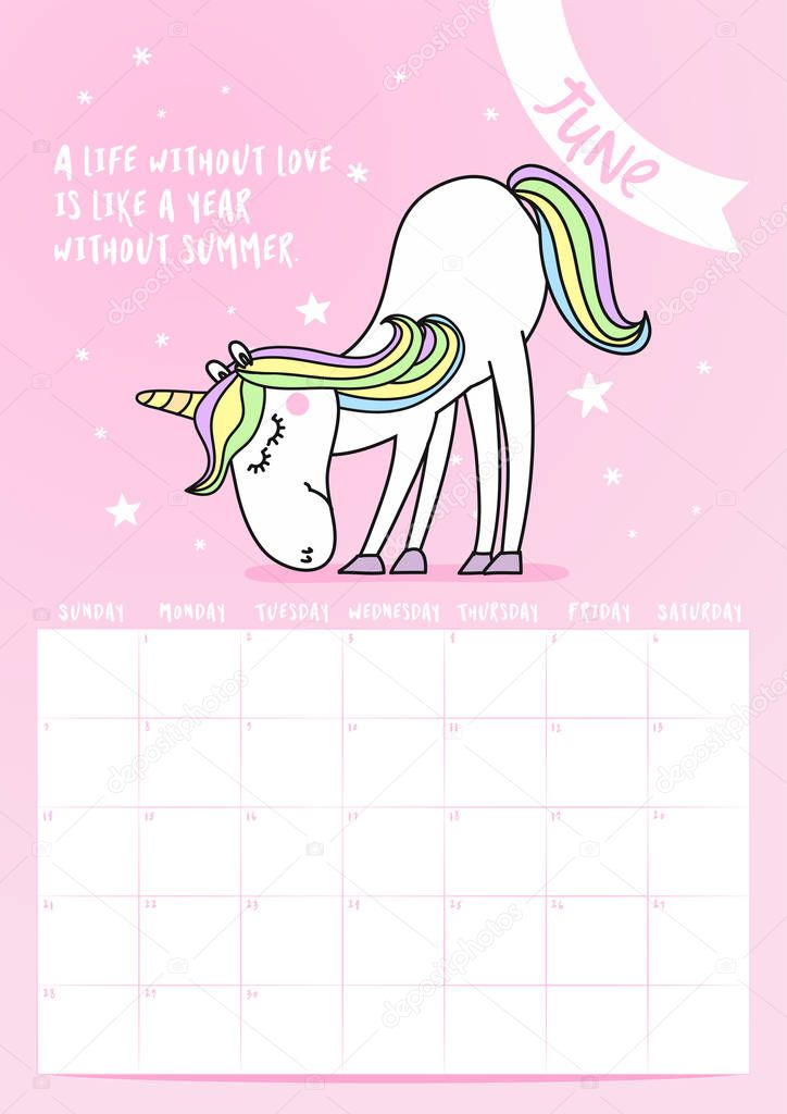 2020 june calendar with calligraphy phrase and unicorn doodle: A life without love is like a year without summer. Desk calendar, planner design, week starts on sunday.